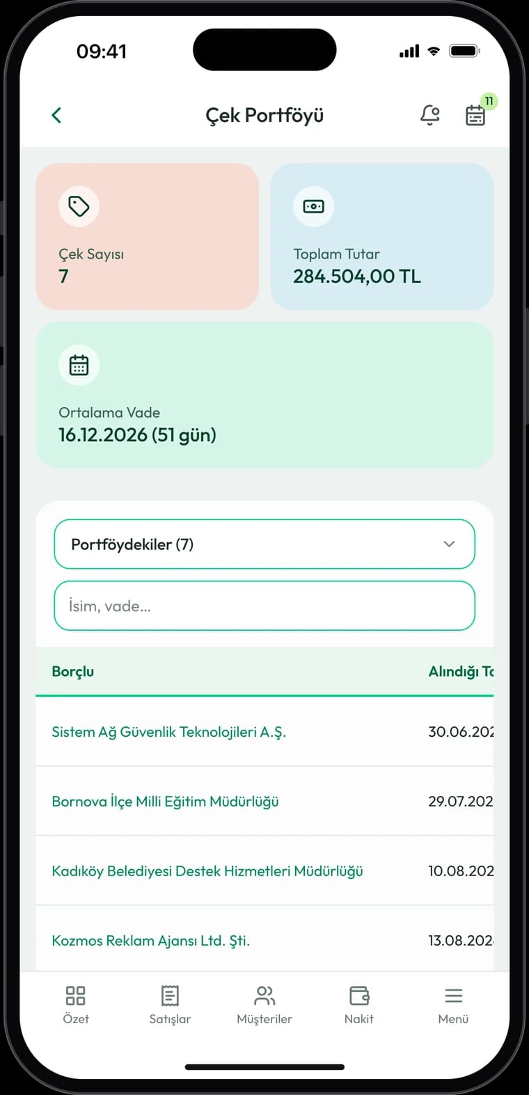 NakitKasa telefon uygulaması, Çekler ekranı